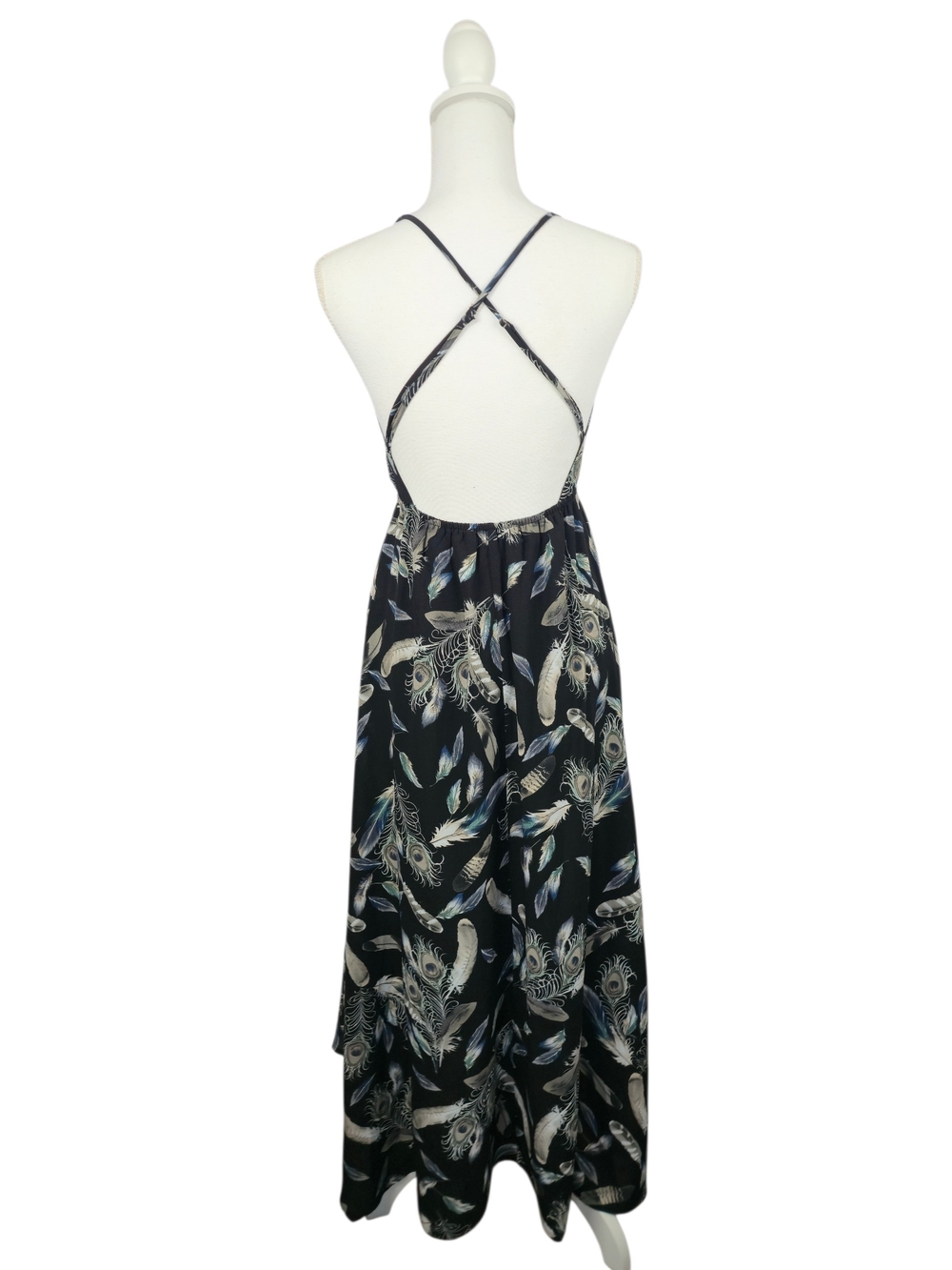 Black V Neck Feather Print Maxi Dress with Adjustable Straps - Picture 4 of 16